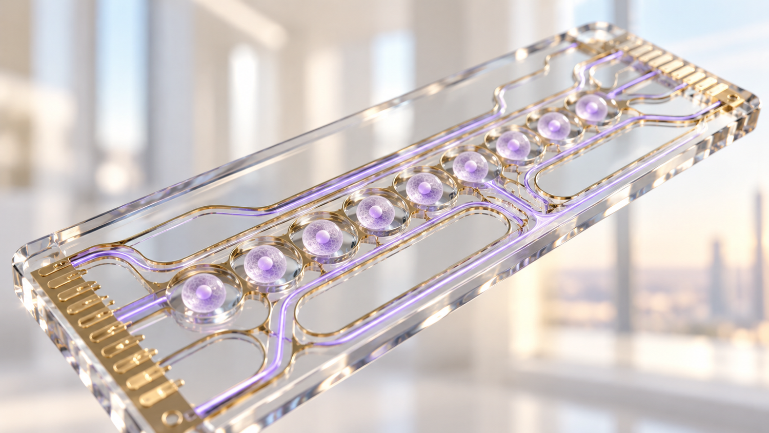 Conceptual illustration of a clear glass single-cell genomics chip with gold microfluidic channels, violet light guides and a row of droplet wells each holding one glowing cell; it does not depict the University of Michigan method, which runs as software, or any existing or approved diagnostic product.