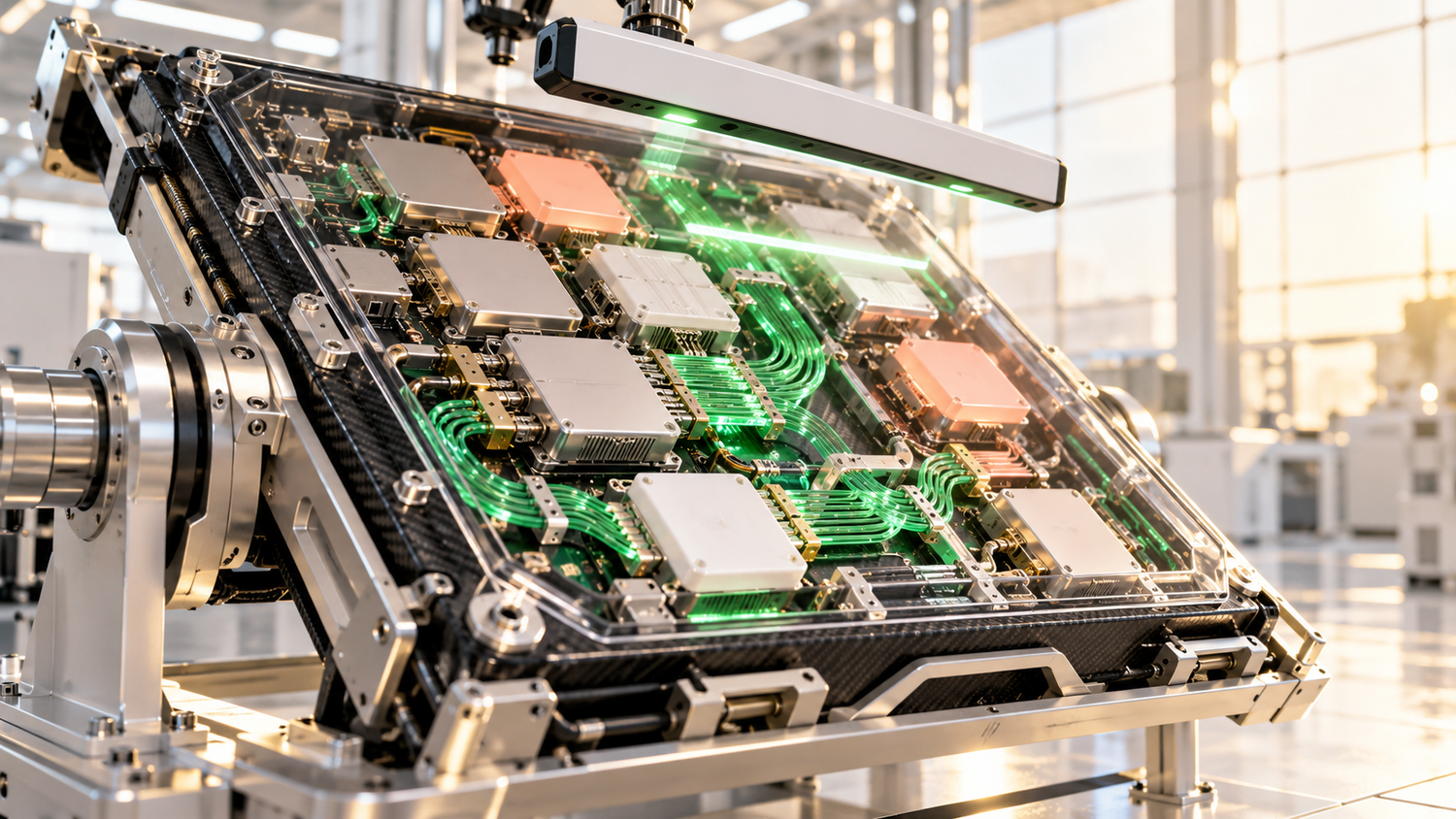Conceptual cryptographic dependency inspection apparatus with green fiber connections in a bright contemporary aerospace integration bay.
