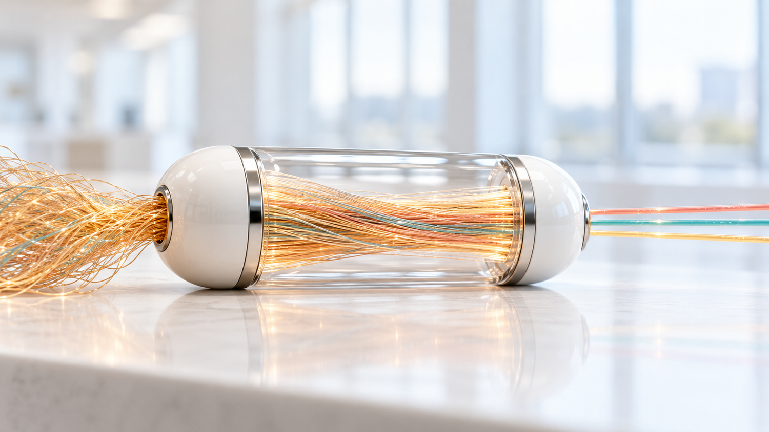 Conceptual illustration of a clear glass medical capsule with white ceramic end caps on a hospital counter; a tangle of amber light fibers enters one end and leaves the other as three ordered colored strands, a metaphor for structuring clinical notes into standard codes. It does not depict Q-CLINIC, NAIHA or any existing product.