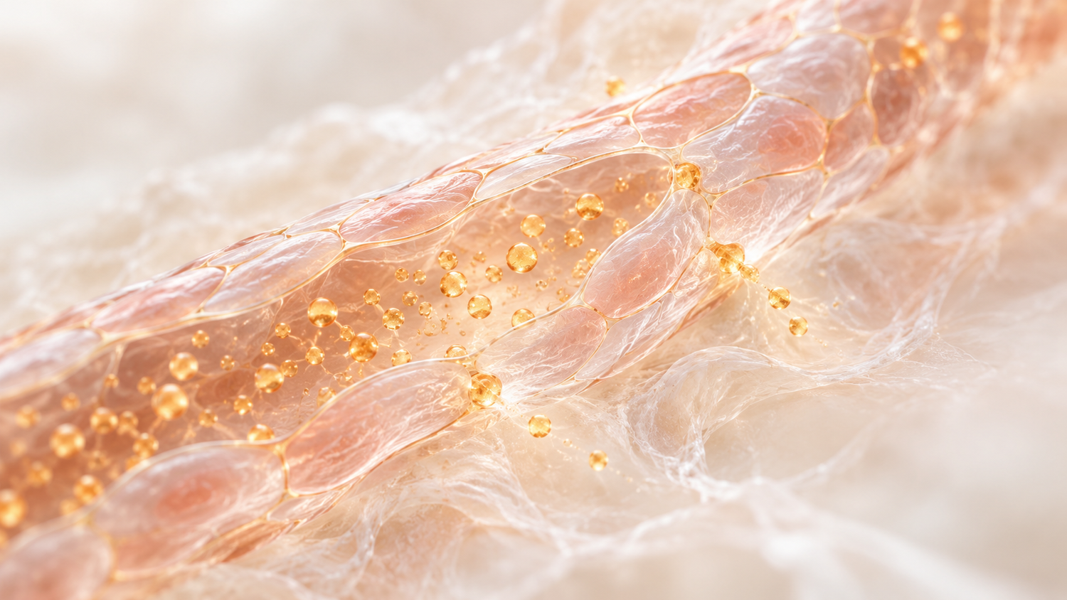 Conceptual illustration of a brain capillary seen close up, its translucent pearl-and-coral wall of tightly sealed cells joined by fine gold seams, with small amber droplets inside the vessel and a few passing through the wall, a visual metaphor for the blood-brain barrier; not a microscope image.