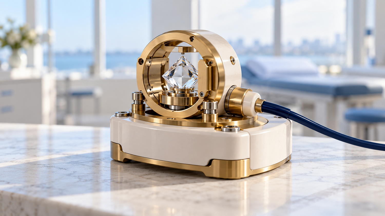 Conceptual illustration of a diamond-based quantum sensor in a gold and white housing on a counter in a bright clinic.
