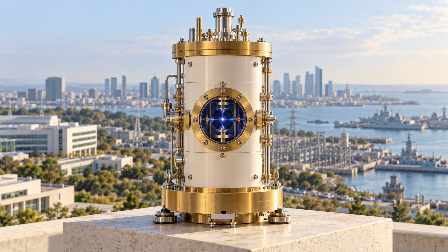 Conceptual illustration of an optical atomic clock on a stone plinth, with a hospital, a power grid, a city skyline and a naval harbor in the background.