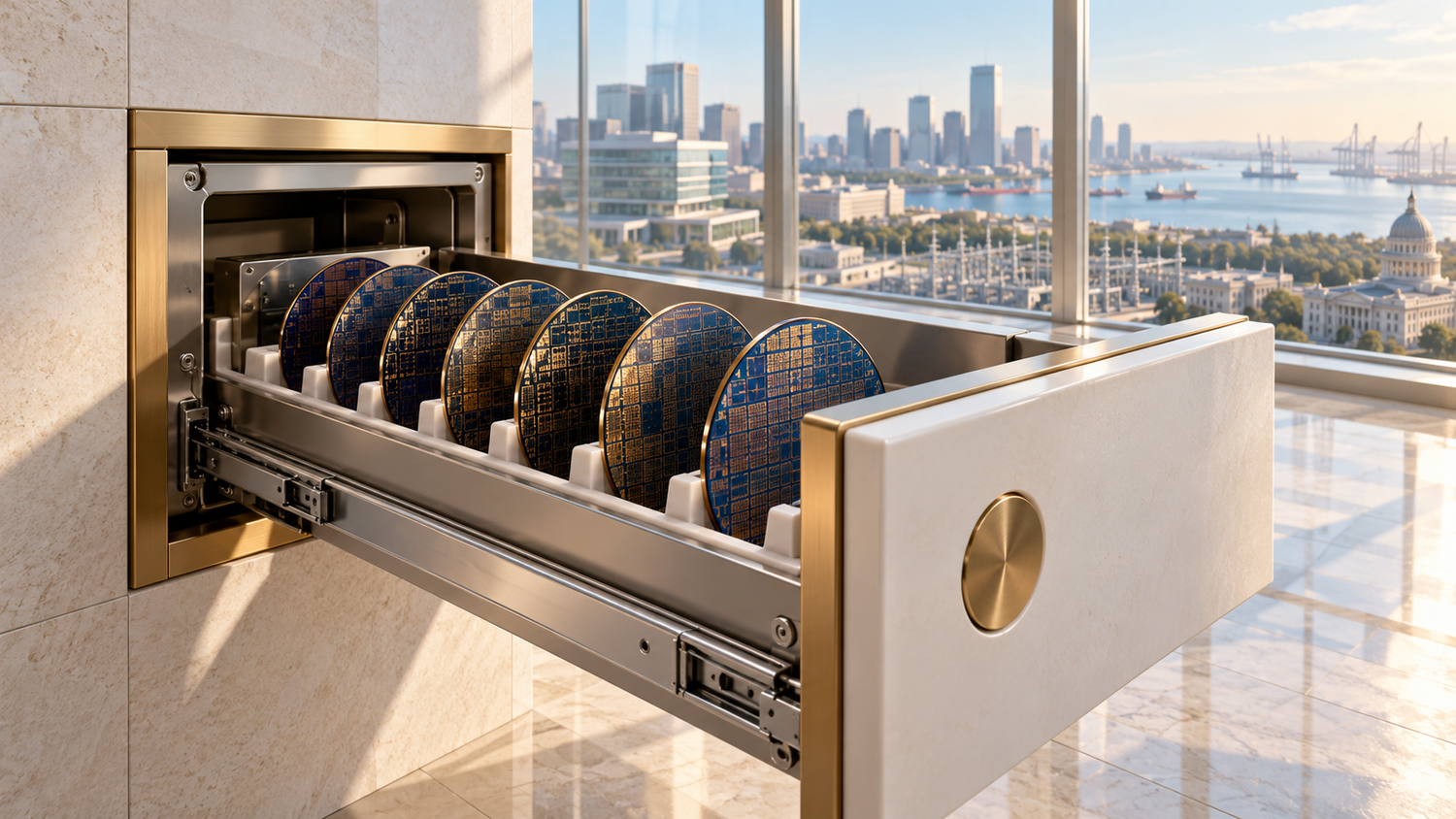 Conceptual illustration of quantum chip wafers in a vault drawer, overlooking a city with a port and a domed capitol.