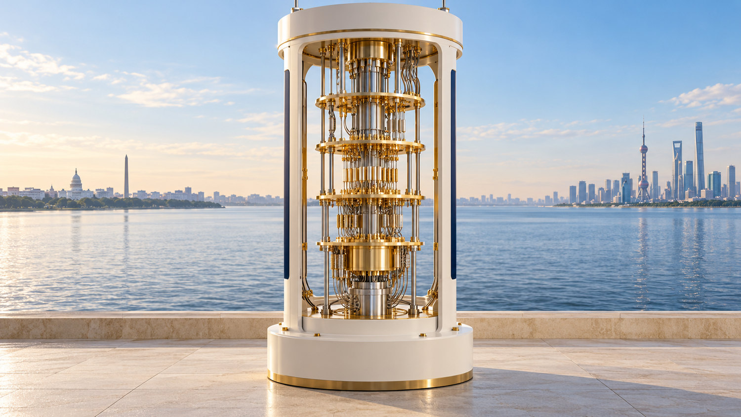 Conceptual illustration of a white-and-gold quantum computer on a marble waterfront terrace, with the Washington skyline and the U.S. Capitol on the left and Shanghai's Lujiazui skyline on the right across the water.