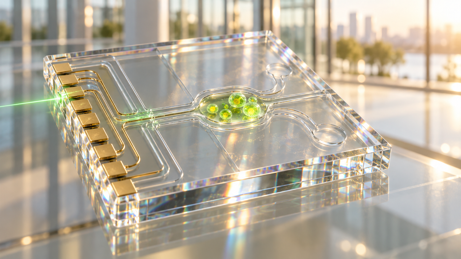 Conceptual illustration of a clear diamond-and-glass biosensing chip with fine microfluidic channels, gold contacts along one edge, a green laser beam entering its side and a small chamber of living cells glowing yellow-green; an artistic rendering, not an existing product.
