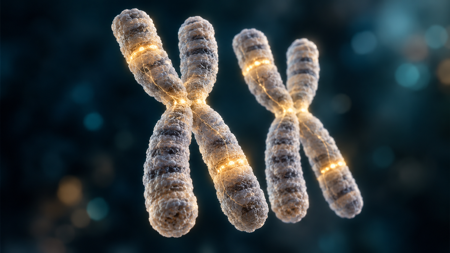 Conceptual illustration of two human chromosomes in the classic X shape, rendered in pearl-white with dark banding, several bands glowing warm amber and joined by fine threads of gold light, against a dark teal background; an artistic rendering, not data from the companies' benchmark.