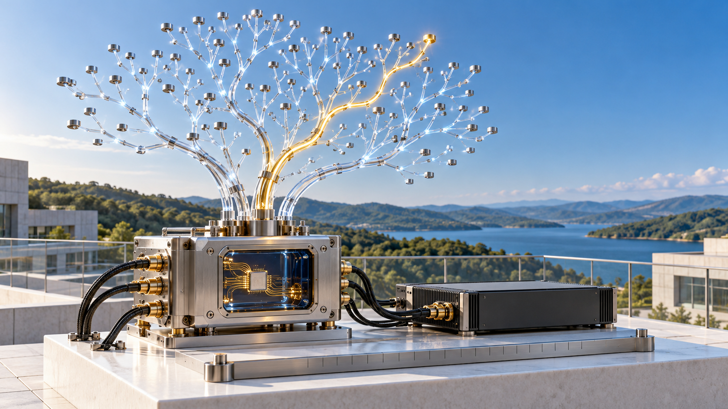 A brushed-titanium quantum processing module on a white ceramic pedestal with a sculptural fan of clear glass light-guide branches rising from it like a decision tree, one path lit warm yellow, beside a graphite compute blade, on a sunny rooftop test terrace above green hills and a blue reservoir