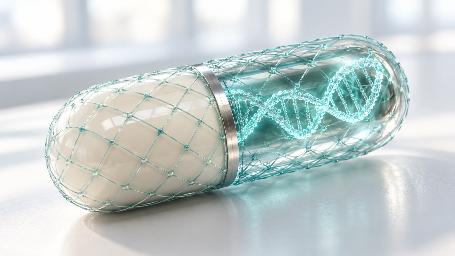 Conceptual illustration of an oversized medical capsule, half ivory and half clear glass, wrapped in a fine teal lattice mesh with a glowing DNA double helix sealed inside, lying on a pale surface in soft daylight; an artistic rendering of long-lived patient data under protection, not a real product or a depiction of any Europol finding.
