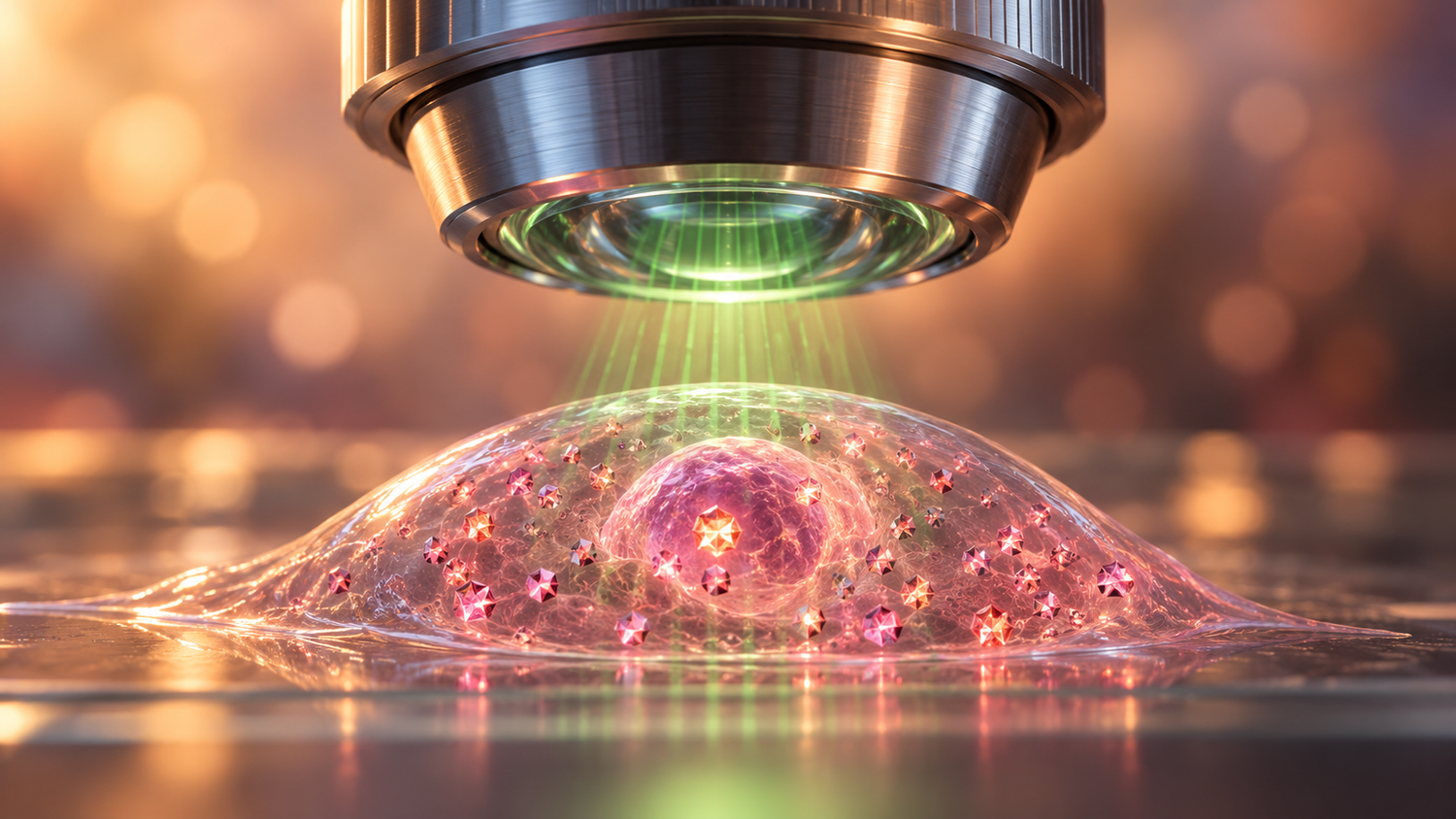 Conceptual illustration of a brushed-titanium microscope objective shining a striped green light pattern onto a single translucent living cell that contains many small glowing rose-red diamond crystals, in warm amber light; an artistic rendering of diamond quantum sensing inside a cell, with the crystals greatly enlarged, not the Zhejiang instrument
