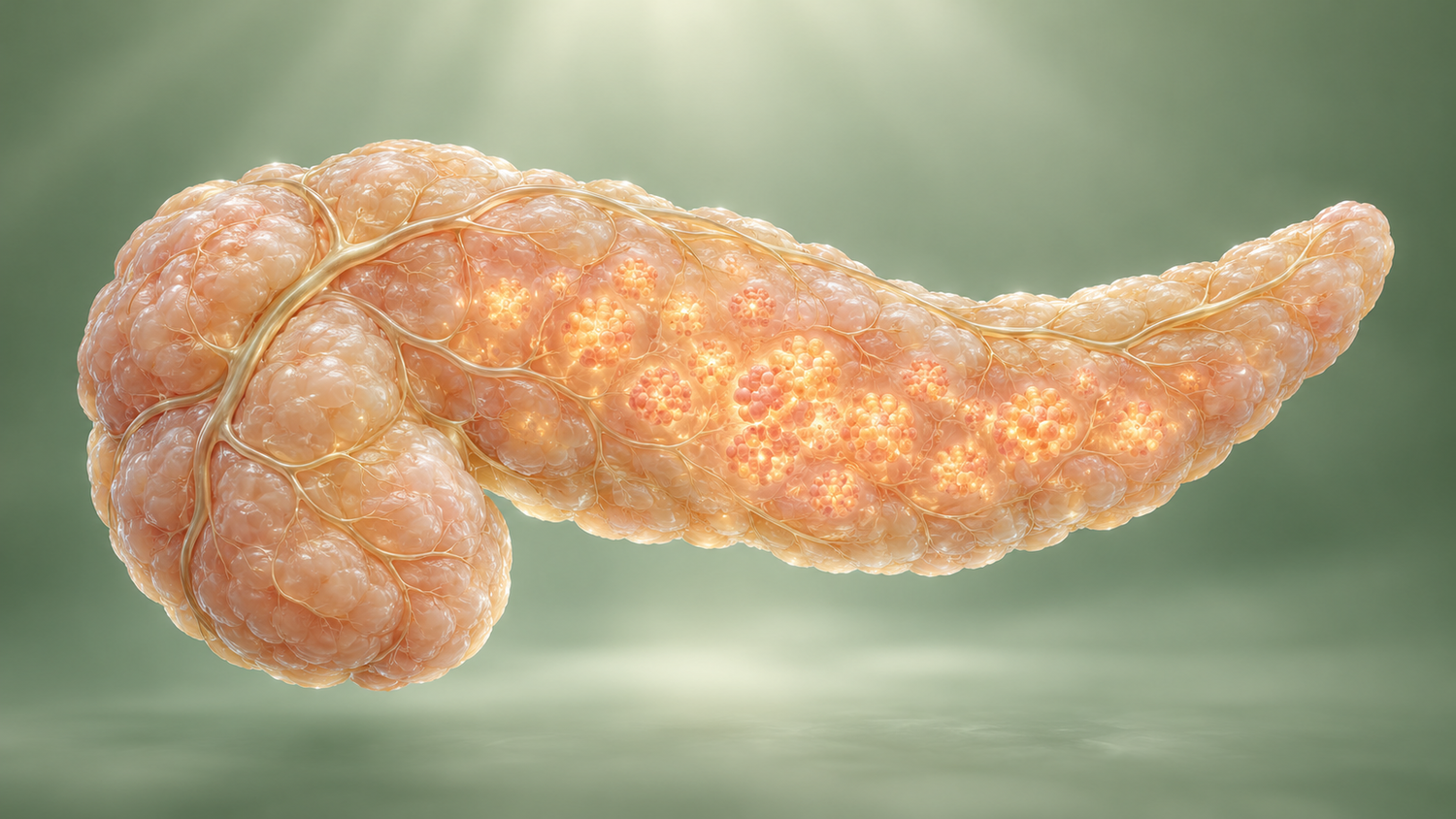 Conceptual medical illustration of a human pancreas in warm pearl and blush tones with fine gold vessels, its insulin-producing islet clusters glowing soft coral-gold against a sage-green background; an artistic rendering of the organ where GLP-1 receptor medicines act, not a medical image.