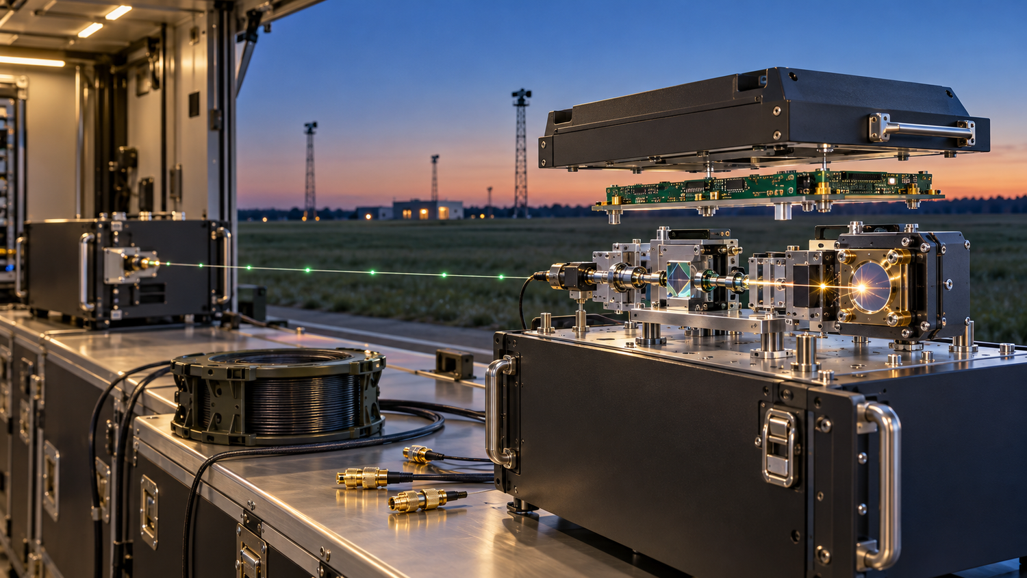 Exploded-view quantum key distribution receiver hovering above a stainless optical bench inside a mobile instrumentation shelter, a line of green photon points along a fiber from a gunmetal transmitter unit, gold connectors and an armored fiber spool, a flat test range with tracking towers under a clear dusk sky
