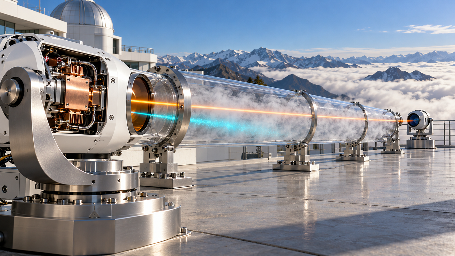 Low-angle view along a rooftop optics terrace of a white mountaintop ground station: an open gimballed optical terminal with a copper laser module sends a deep amber mid-infrared beam straight through a long glass fog cell toward a distant receiver telescope while a cyan telecom beam beside it scatters and fades inside the mist, a sea of sunlit white fog and snow peaks under a clear blue sky beyond