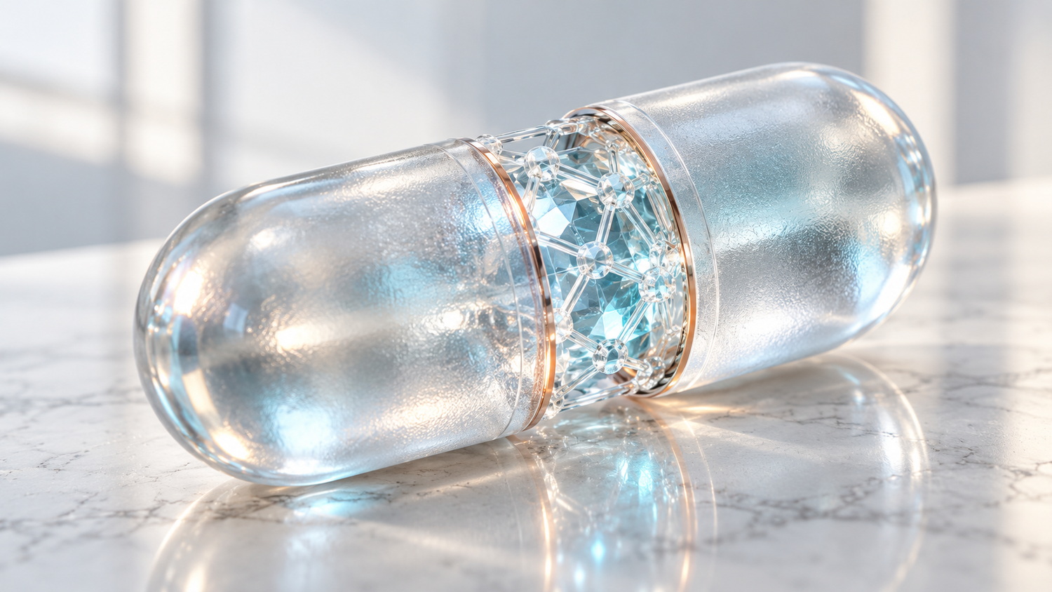 Conceptual illustration of a translucent frosted-glass drug capsule lying on white marble, its two halves slightly parted around a pale blue faceted crystal core shaped like a molecular lattice and edged with thin copper rings; an artistic rendering of a medicine, not an existing product.