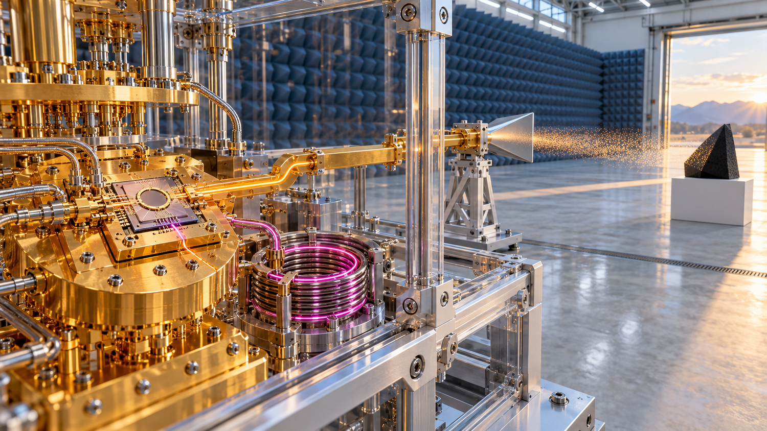 Macro view of a gold-plated cryogenic entangled microwave source inside a transparent containment frame, one amber signal path leading to a small horn antenna and a matte faceted target wedge, one magenta idler path coiling into a storage ring, in a bright anechoic test bay