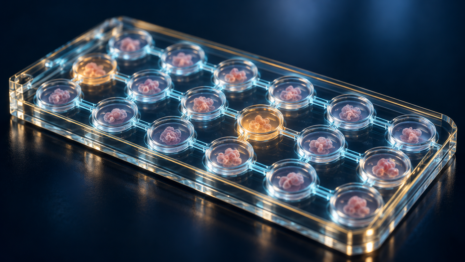 Conceptual illustration of a transparent glass drug-safety screening chip in close-up, a grid of tiny wells holding pale cell clusters fed by softly glowing cyan channels, a few wells glowing amber, edged with thin gold light guides; an artistic rendering, not an existing product.