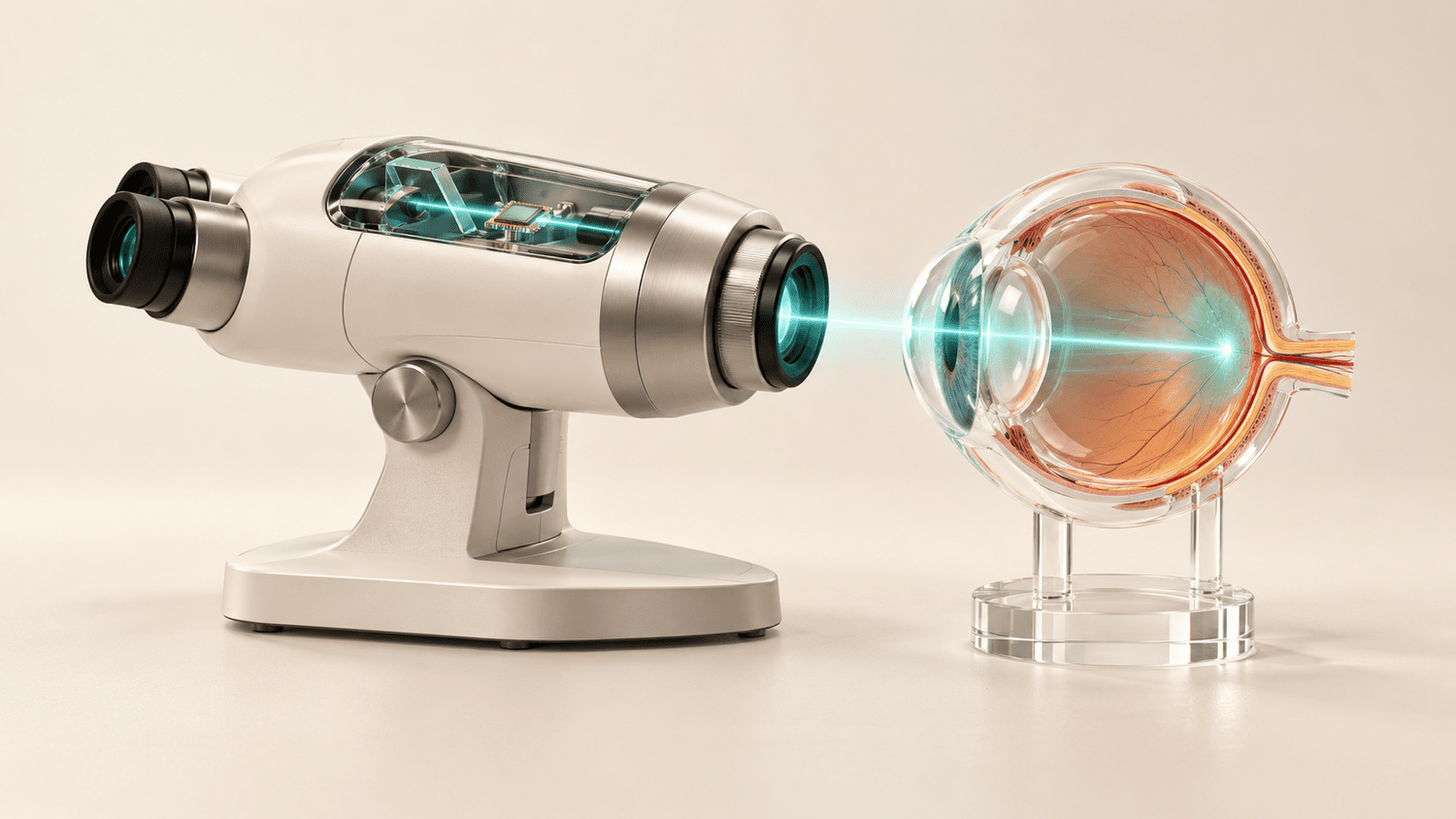 Conceptual illustration of a compact ivory and silver binocular-style eye scanner, its glass-topped housing showing a small photonic chip, sending a teal scanning beam into a transparent anatomical model of a human eye whose retina glows where the beam lands; an artistic rendering, not Siloton's actual device.
