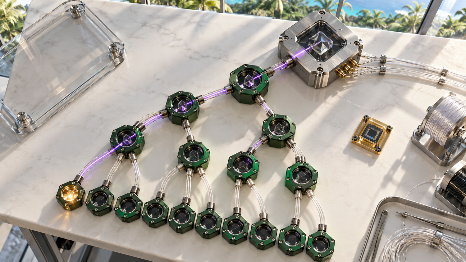 A top-down view of a hash-tree signature module on a white marble test bench: tiers of jade-green anodized hexagonal nodes linked by fibers converge on a brushed-titanium root block with a sapphire window, one amber-lit leaf node sending a violet light path up to the root, a photonic chip on a gold carrier and fiber spools beside it, palms and blue sea through the glass wall in bright tropical daylight