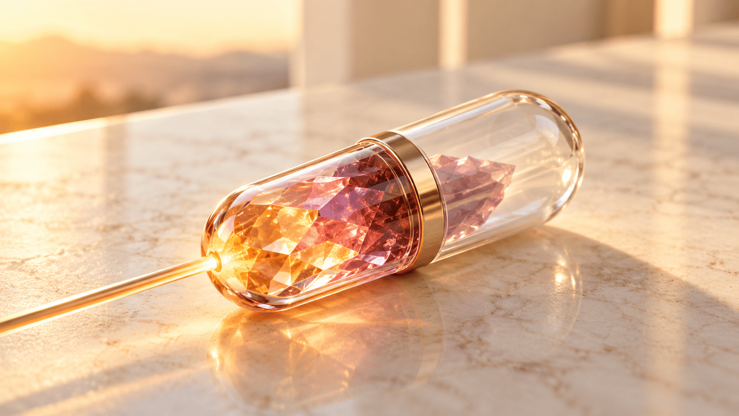 Conceptual illustration of a clear glass-like drug capsule with a gold band, holding a faceted rose-gold and magenta crystal core that glows orange where a slim optical light guide touches its tip, lying on pale marble in warm window light; an artistic rendering of a light-activated drug, not a real product.