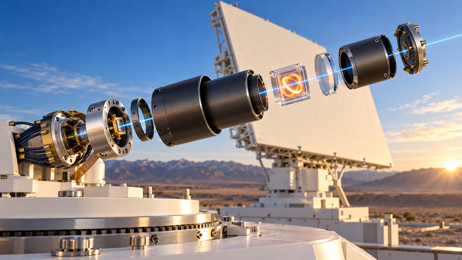An exploded-view nuclear magnetic resonance gyroscope levitating above a white radar pedestal on a high desert test range at dawn: a clear borosilicate vapor cell with a glowing orange precession ring at its center, graphite-anodized magnetic shield cylinders and a VCSEL laser chip on a gold carrier floating apart in sequence, a thin cyan laser line threading them, clear blue sky and warm sunrise light