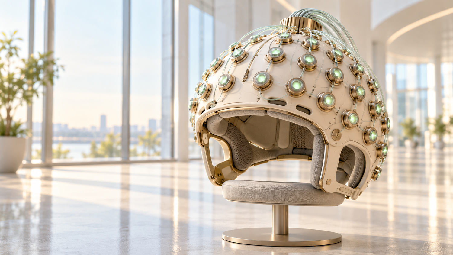 Conceptual illustration of a wearable brain-imaging helmet in warm white and champagne gold, studded with small rounded sensor pods that glow jade green and linked by fine fibre cables, resting on a padded clinical stand in a bright glass atrium; an artistic rendering of a quantum-sensor helmet, not a real product.