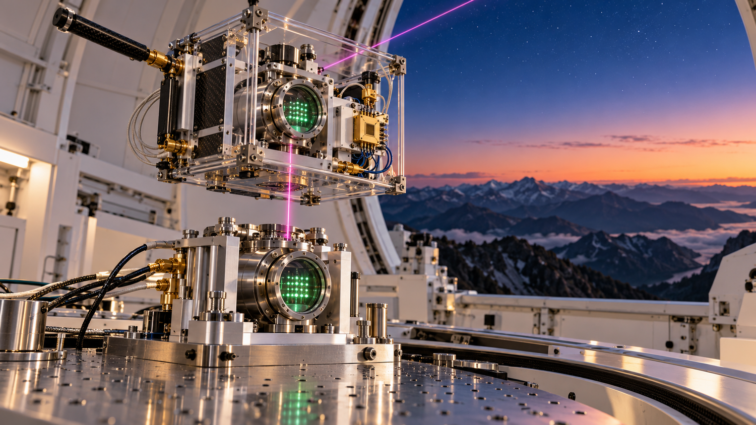 A compact satellite quantum sensor payload, a titanium-framed vacuum cell with a sapphire viewport holding a glowing mint-green cloud of trapped atoms, suspended inside a transparent glass containment frame above the polished stainless optical bench of a mountaintop optical ground station at dusk, a single thin magenta beam rising from the cell through the open dome slit into a clear peach-to-deep-blue twilight sky with the first stars