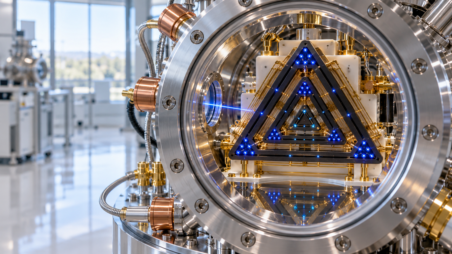 Three nested triangular trapped-ion tiers glowing cobalt blue inside the sapphire viewport of a stainless vacuum chamber in a bright clean room