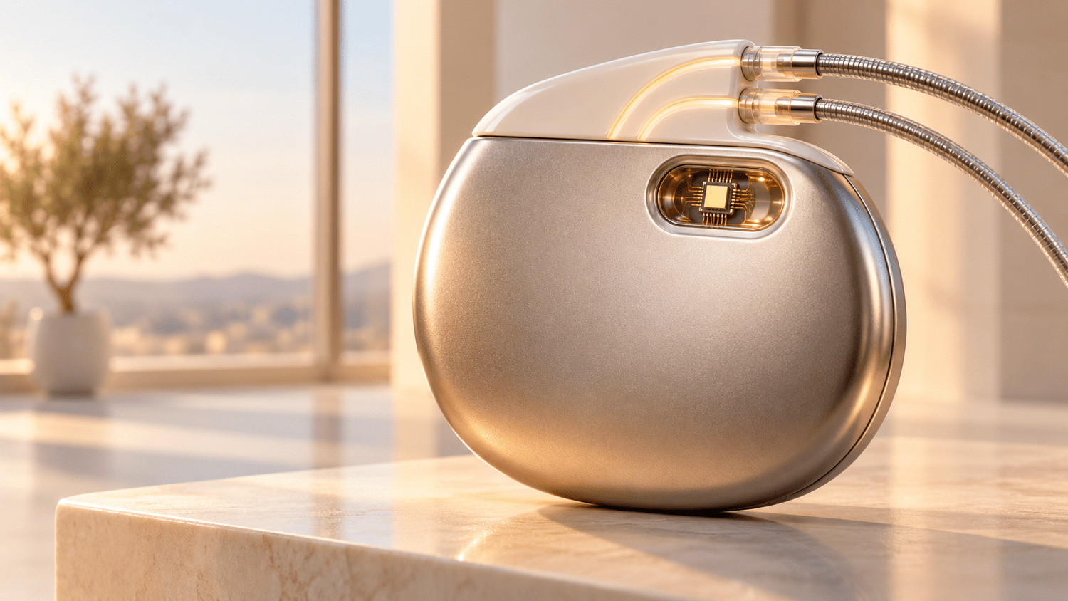 Conceptual illustration of a rounded titanium cardiac implant with a white ceramic header, two coiled leads and a small window showing a gold security microchip lit by amber light guides, resting on a stone ledge by a sunlit hospital window; an artistic rendering, not a real product.