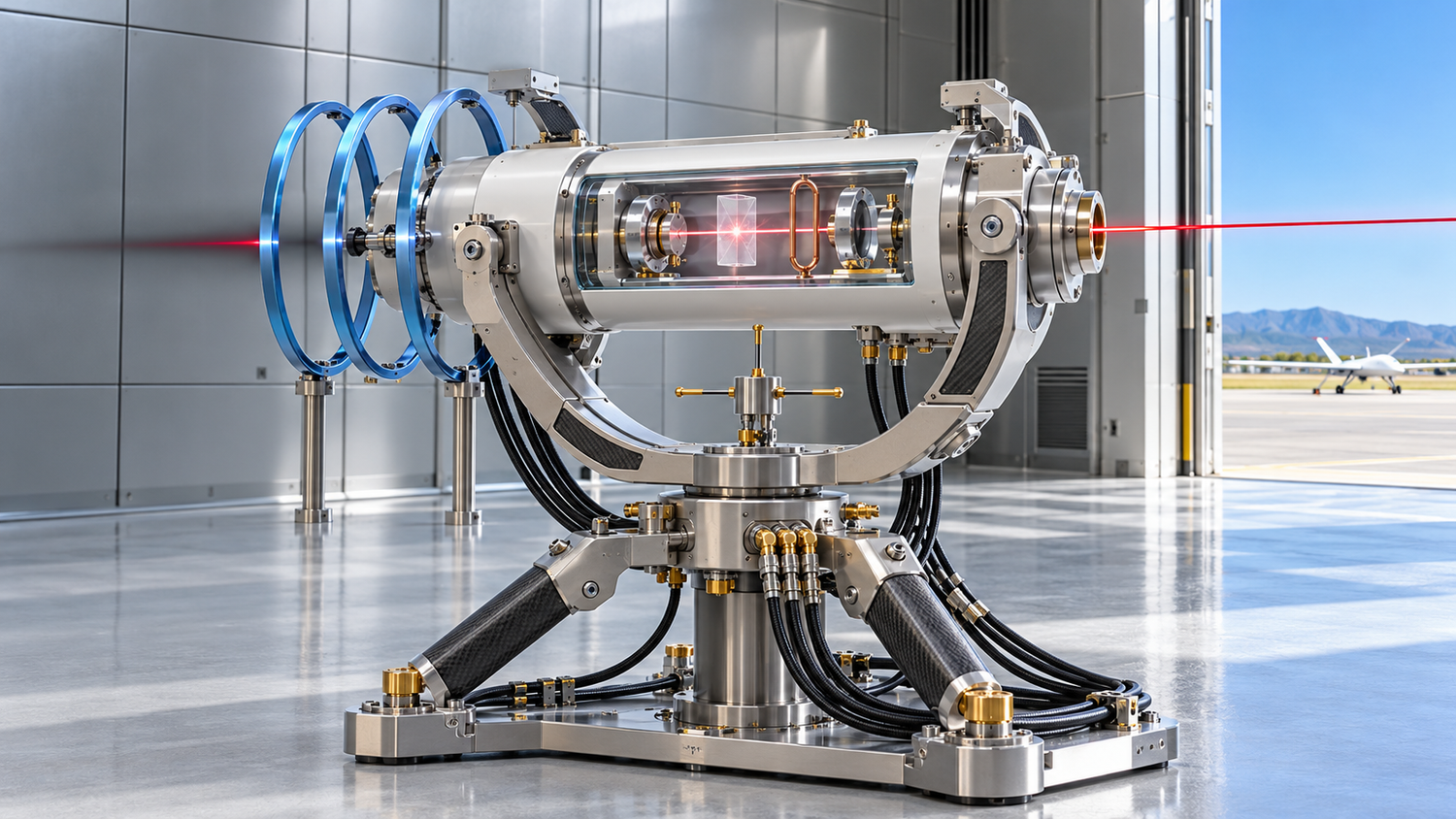 A gimballed diamond laser cavity module with a deep red output beam and ice-blue field rings in a shielded sensor test hall opening onto a sunlit airfield