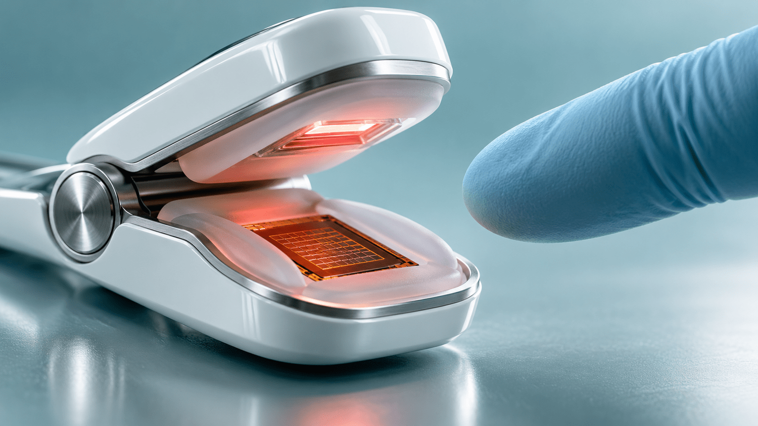 Conceptual illustration of an opened medical fingertip optical sensor with a small amber quantum-dot photodetector chip on gold contacts and a gloved fingertip approaching; an artist's concept, not an existing Tanaka product.