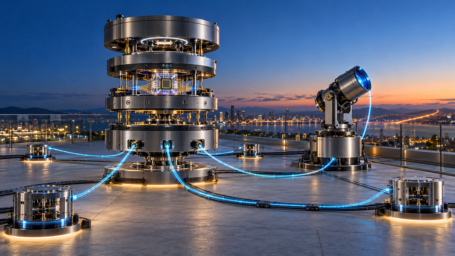 A levitating titanium key-management hub with cyan optical fibers radiating to small terminals across a rooftop optical terrace at dusk, one strand turning orange toward the horizon and one terminal aimed at the sky