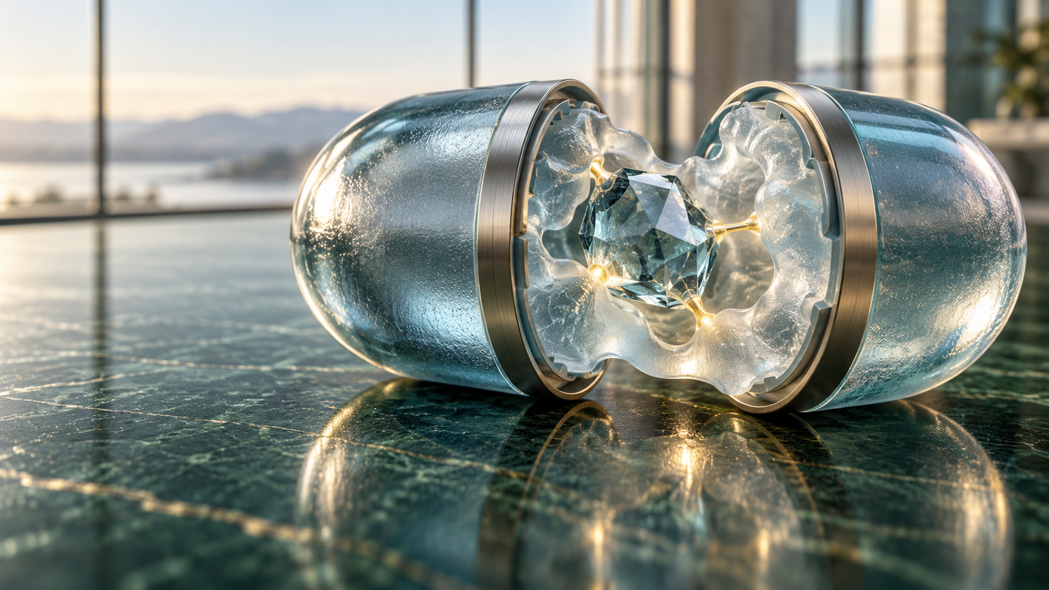 Conceptual illustration of a split-open drug capsule of frosted glass and brushed titanium holding a faceted crystal drug molecule inside a frosted protein binding pocket, linked by gold light guides; an artist's concept, not a QSimulate or Daiichi Sankyo product.