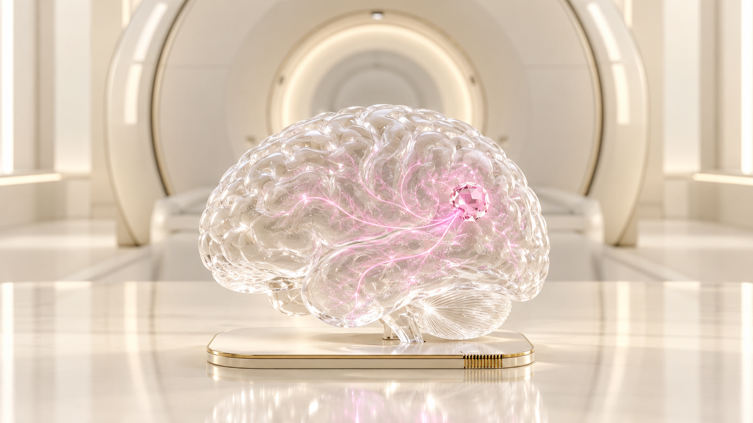 Conceptual illustration of a clear crystal-glass human brain on an ivory and gold chip platform in front of an MRI scanner bore, with soft magenta light lines converging on a small crystal lesion marker; an artist's concept, not an existing device or a proven clinical tool.