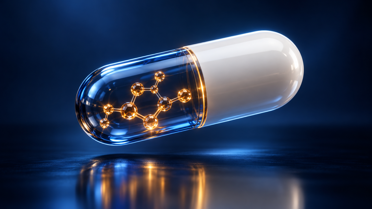 Conceptual illustration of a drug capsule, half clear sapphire glass and half pearl-white, holding a glowing amber crystal model of a small molecule against a deep navy background; an artist's concept, not an existing medicine or a molecule from the study.