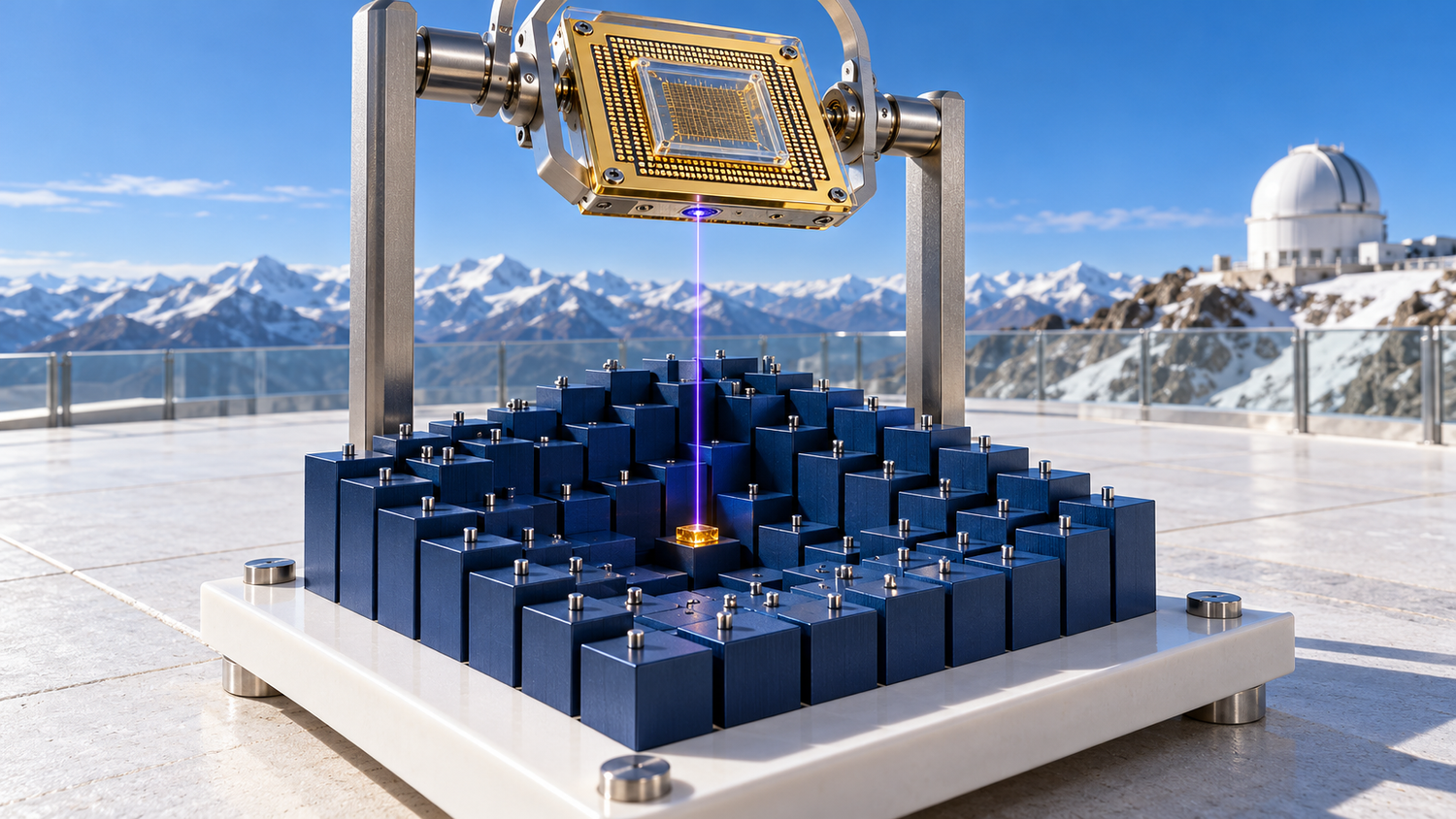 A stepped relief of deep-blue machined posts with stainless pins on a white ceramic baseplate, one central post capped in glowing amber, a gold-plated annealer chip suspended above in a titanium gimbal frame with a single violet line dropping to the amber cap, snow-capped peaks and an observatory dome under a clear blue sky