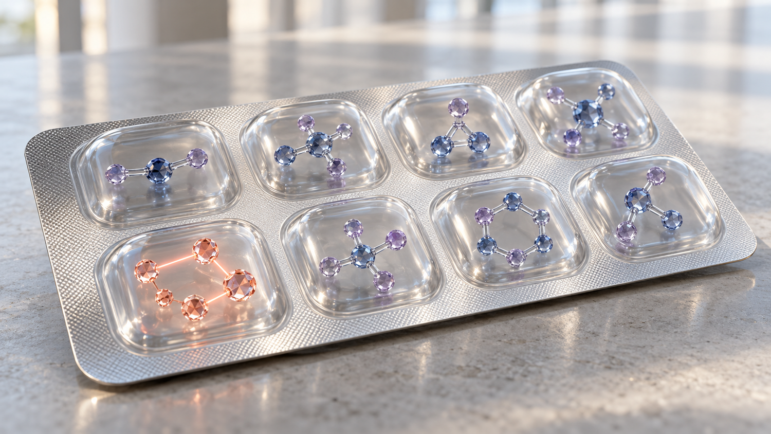 Conceptual illustration of a pharmaceutical blister pack with eight clear cavities on a pale stone surface, each holding a small faceted crystal model of a molecule, one glowing coral with its atoms linked by thin glowing light guides; an artist's concept, not an existing medicine or the molecules from the study.