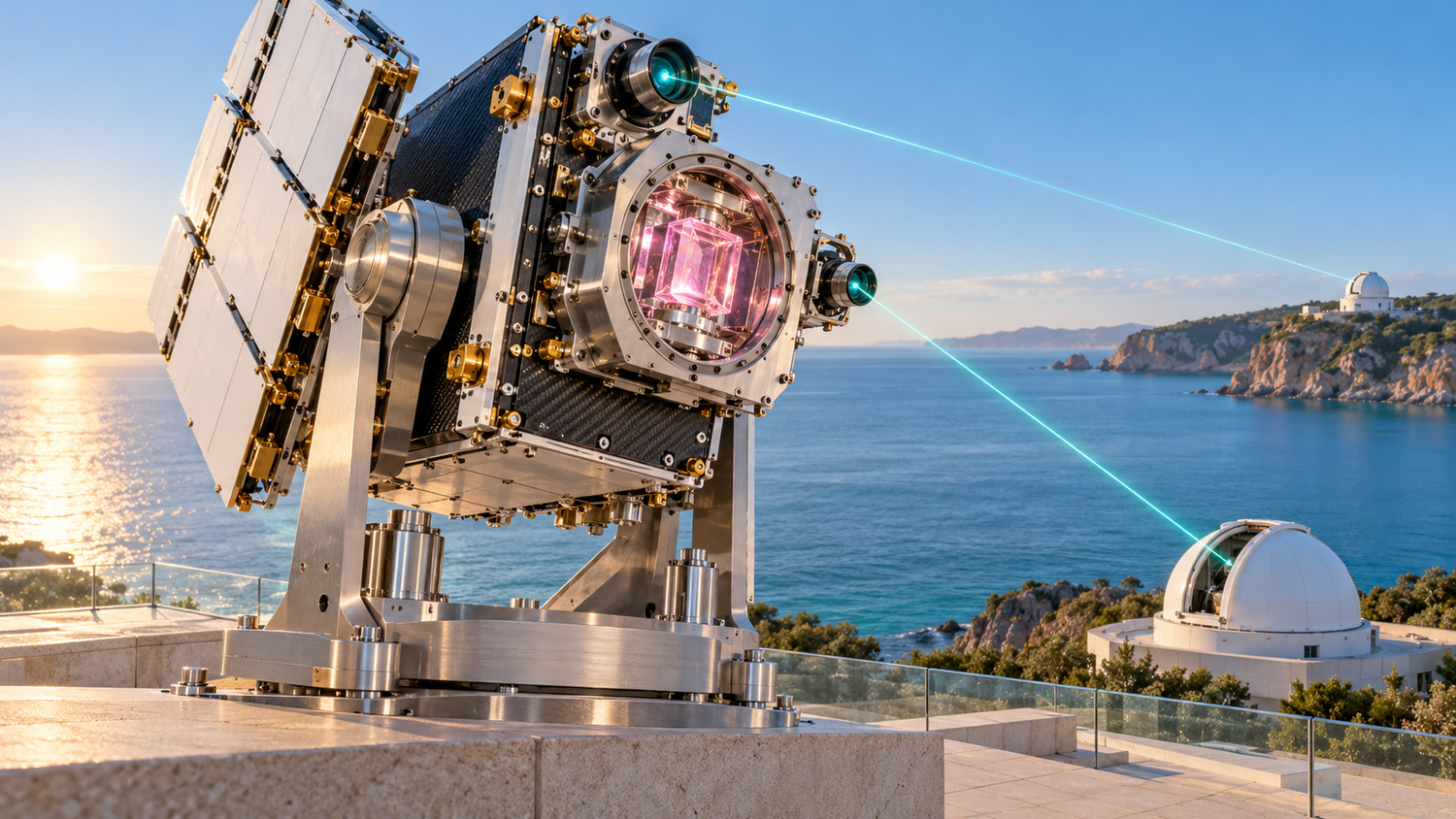A small brushed-aluminum and carbon-fiber satellite flight model held in a titanium gimbal cradle on a coastal optical ground station terrace at dawn, its open payload bay showing a pale rose crystal quantum memory inside a stainless cryostat mount, two thin teal optical beams leaving twin telescope apertures toward a near telescope dome and a far one on the next headland, turquoise sea and a clear sky behind