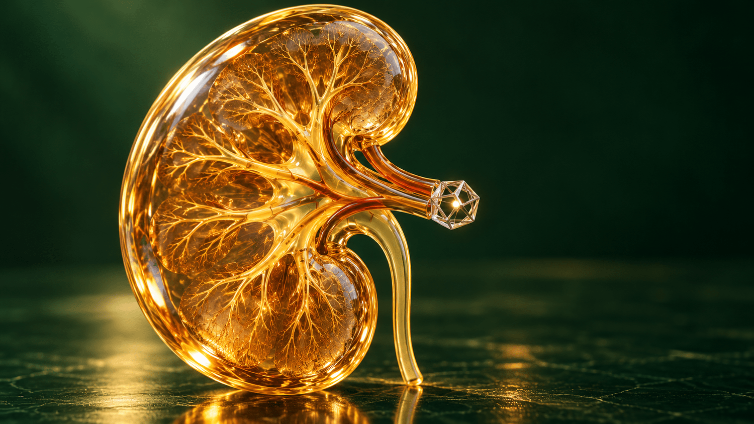 Conceptual illustration of a human kidney rendered in translucent amber glass with a softly glowing vessel network, and a small faceted crystal cage with a tiny light at its centre at the renal outflow, on a deep green backdrop; an artist's concept, not an existing device, the real cage molecule or a test performed in patients.