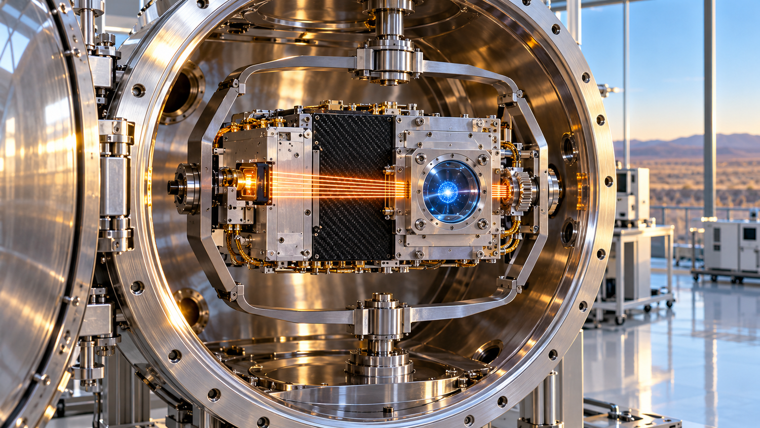A shoebox-sized machined aluminum and titanium optical atomic clock payload with a bolted sapphire viewport and gold-plated connectors hangs on a stainless gimbal fixture inside an open thermal-vacuum chamber in a bright space photonics clean room, an ice-blue atom cloud glowing behind the viewport and a fan of evenly spaced warm-orange light lines spreading from a photonic chip across the frame, a sunlit dry plain and clear blue sky through the glass wall behind