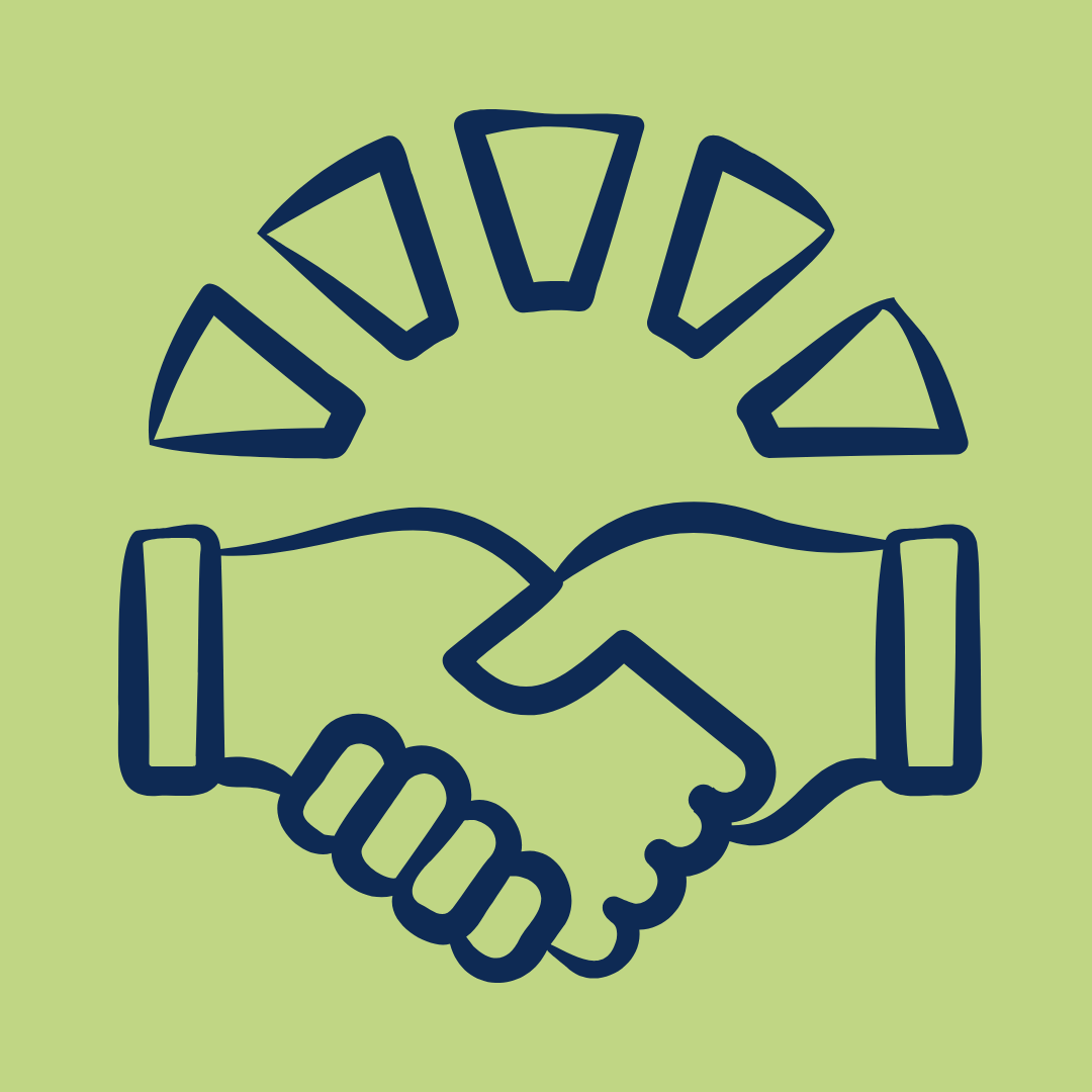 Outline drawing of two hands shaking with a semi-circle of rectangular shapes above, set against a light green background.