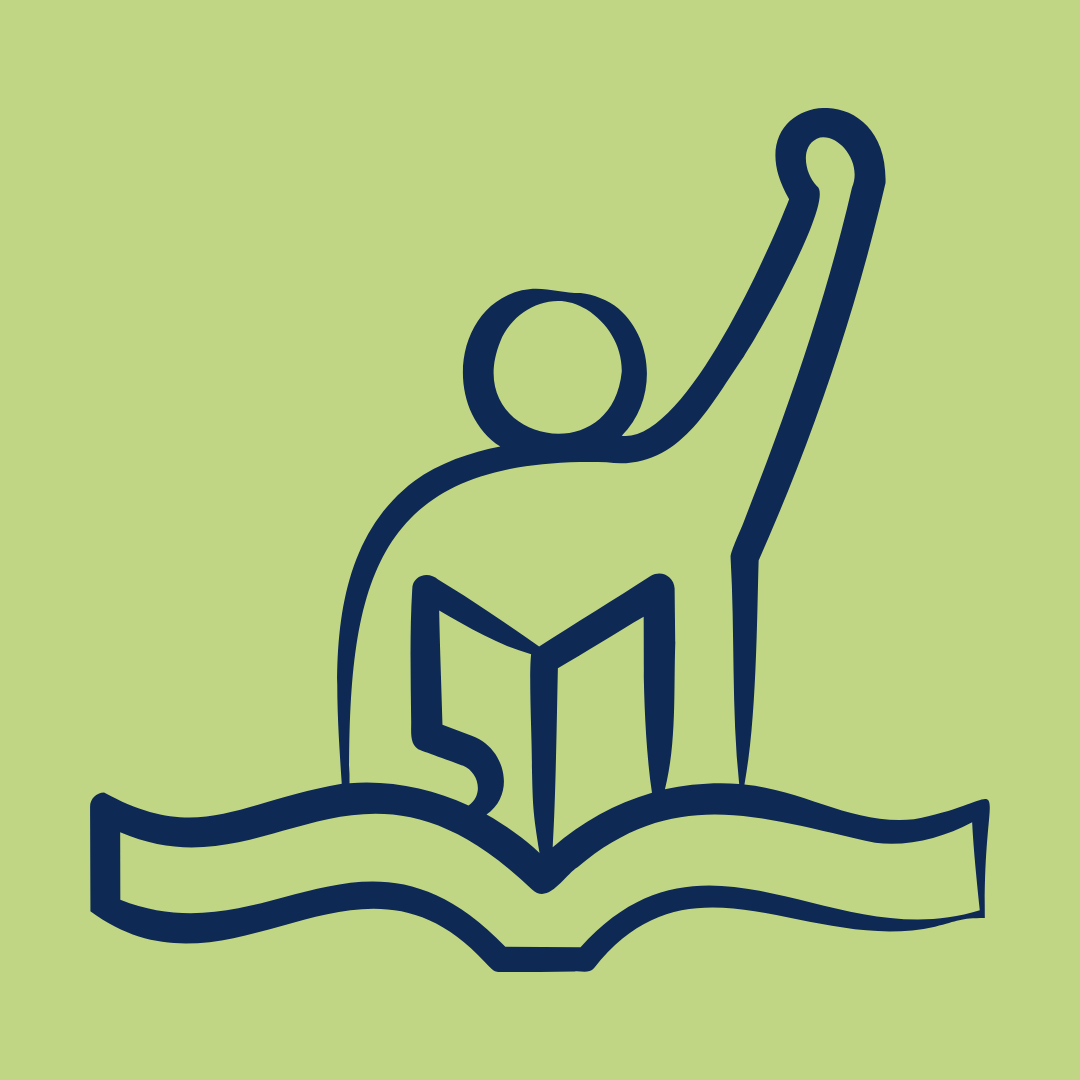 Line drawing of a person reading a book while sitting on an open book with a raised arm, against a light green background.