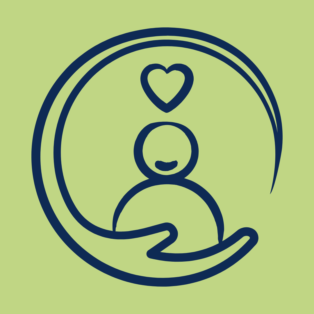 A simple line drawing of a person with a heart above their head, surrounded by a crescent shape on a light green background.