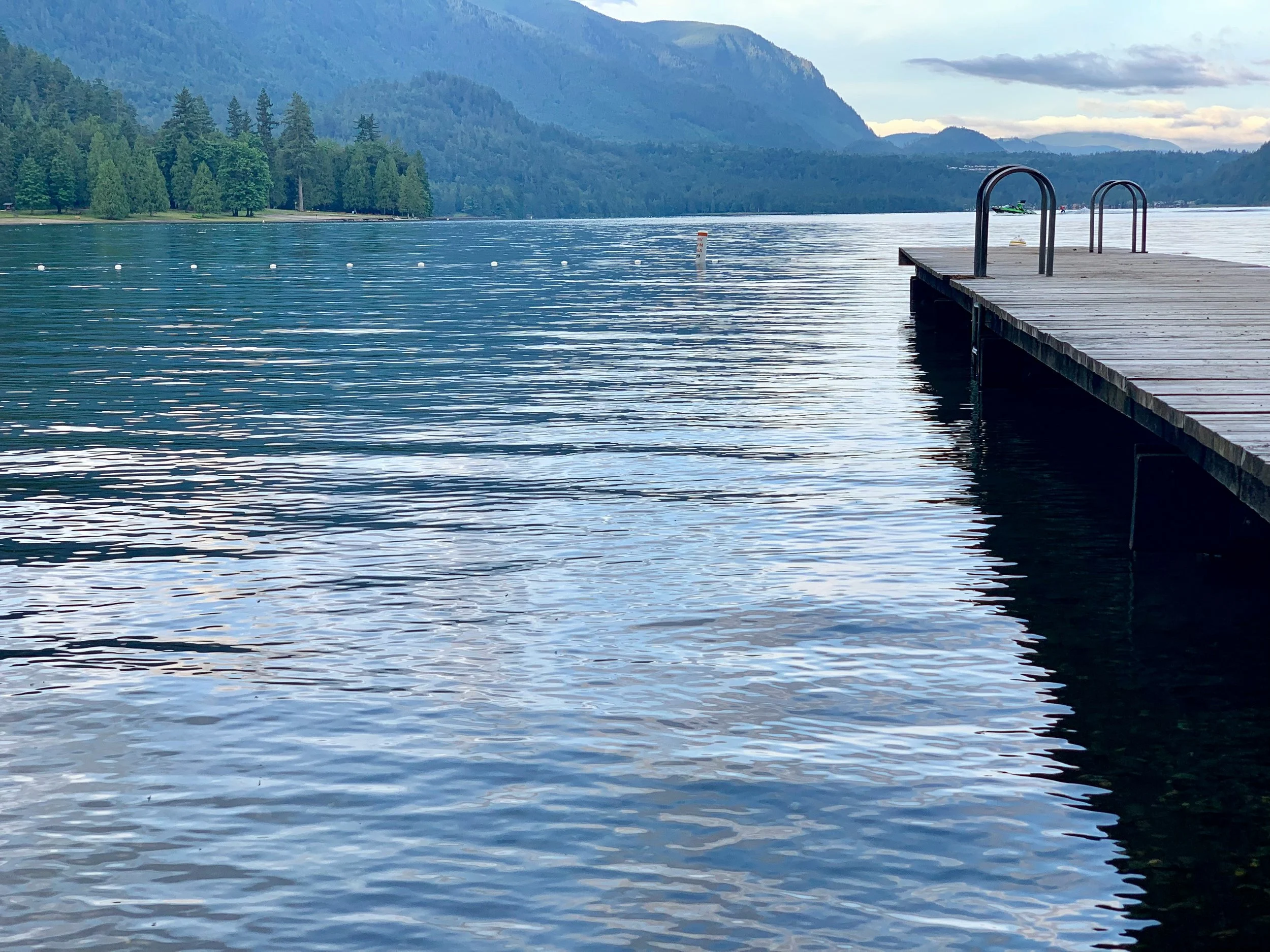 A wooden dock extending into a calm lake surrounded by trees and mountains, with cloudy sky overhead.