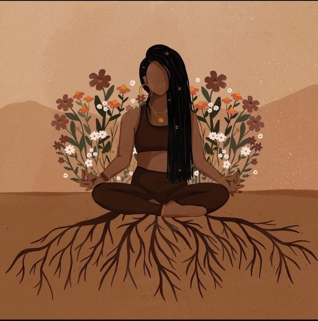 An illustrated woman with long dark hair sitting cross-legged in a meditative pose on the ground, surrounded by flowers and with roots extending underneath her.