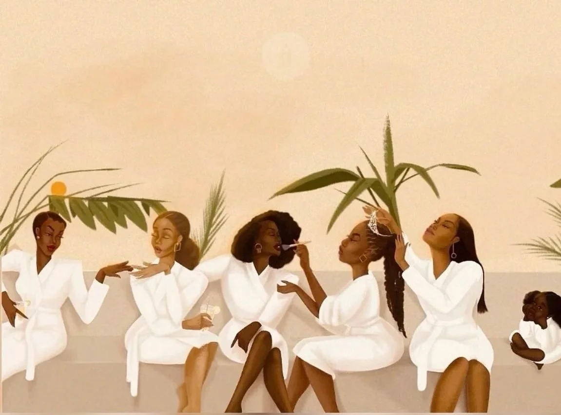 Illustration of six women sitting on a white bench, wearing white robes, with tropical palm leaves and a sun in the background.