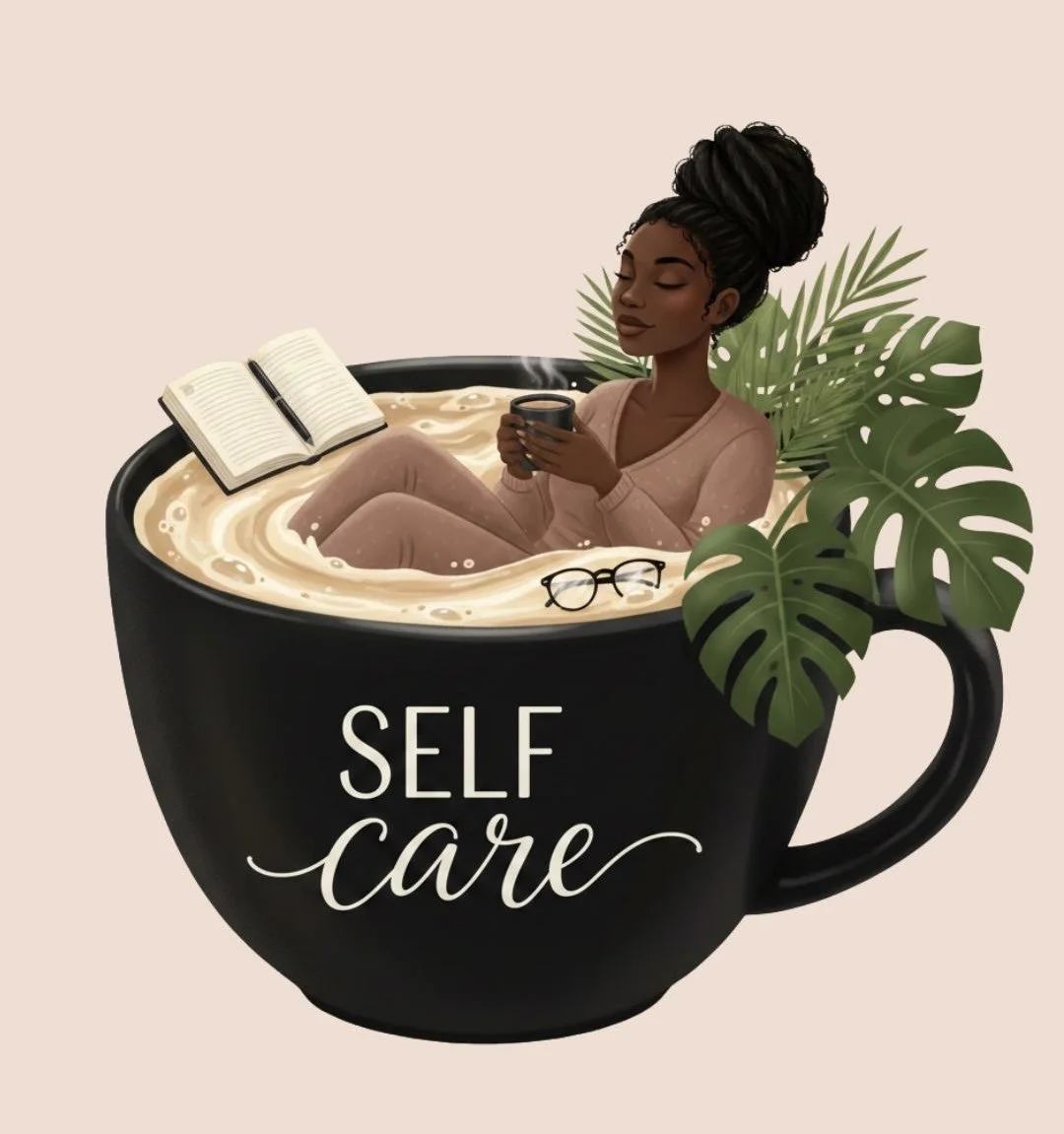 A woman relaxing inside a large coffee mug labeled 'Self Care' with a book, glasses, and green leaves, sipping a hot beverage.