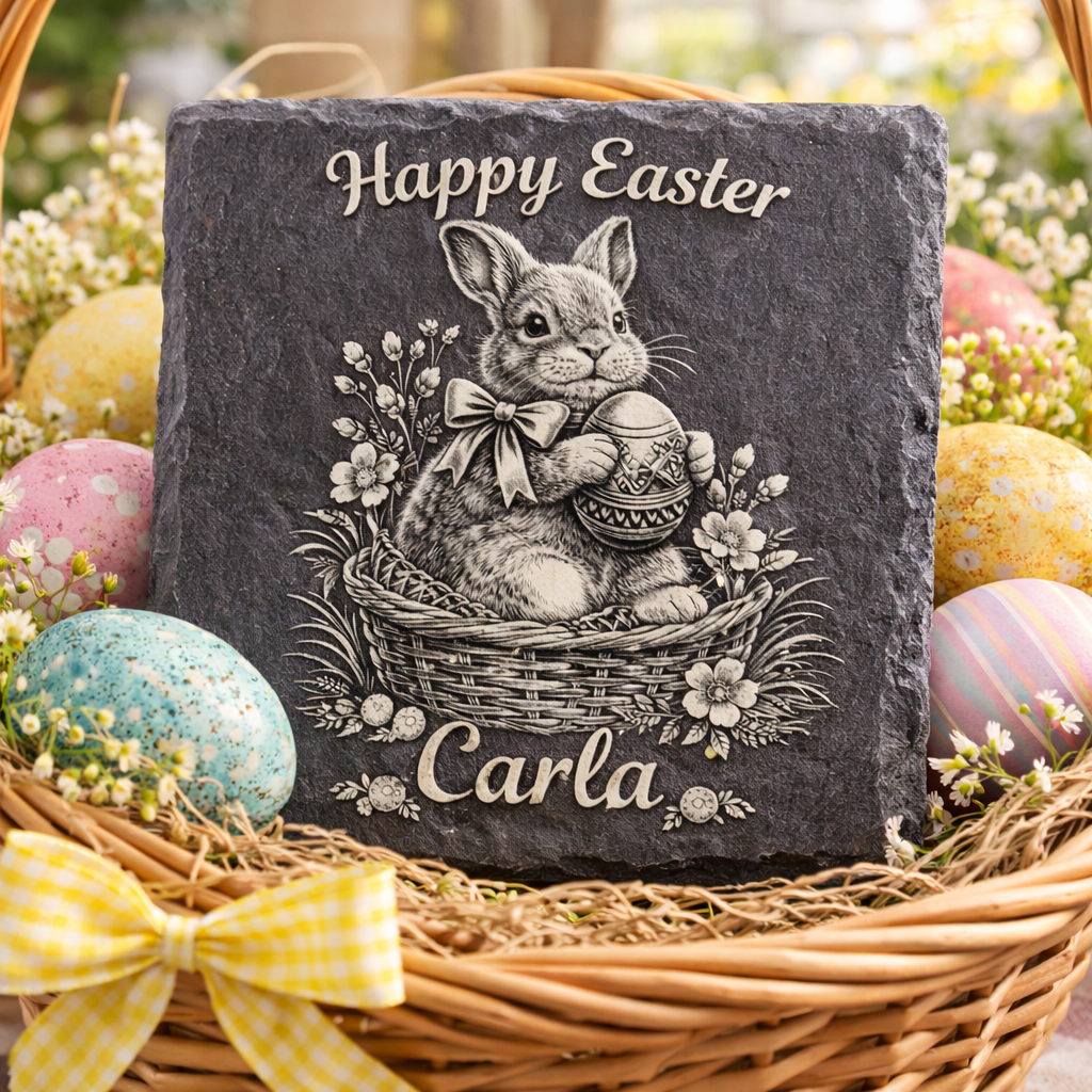 Easter-themed chalkboard sign with a bunny holding an egg, surrounded by flowers, placed in a basket with decorated eggs and a yellow bow.