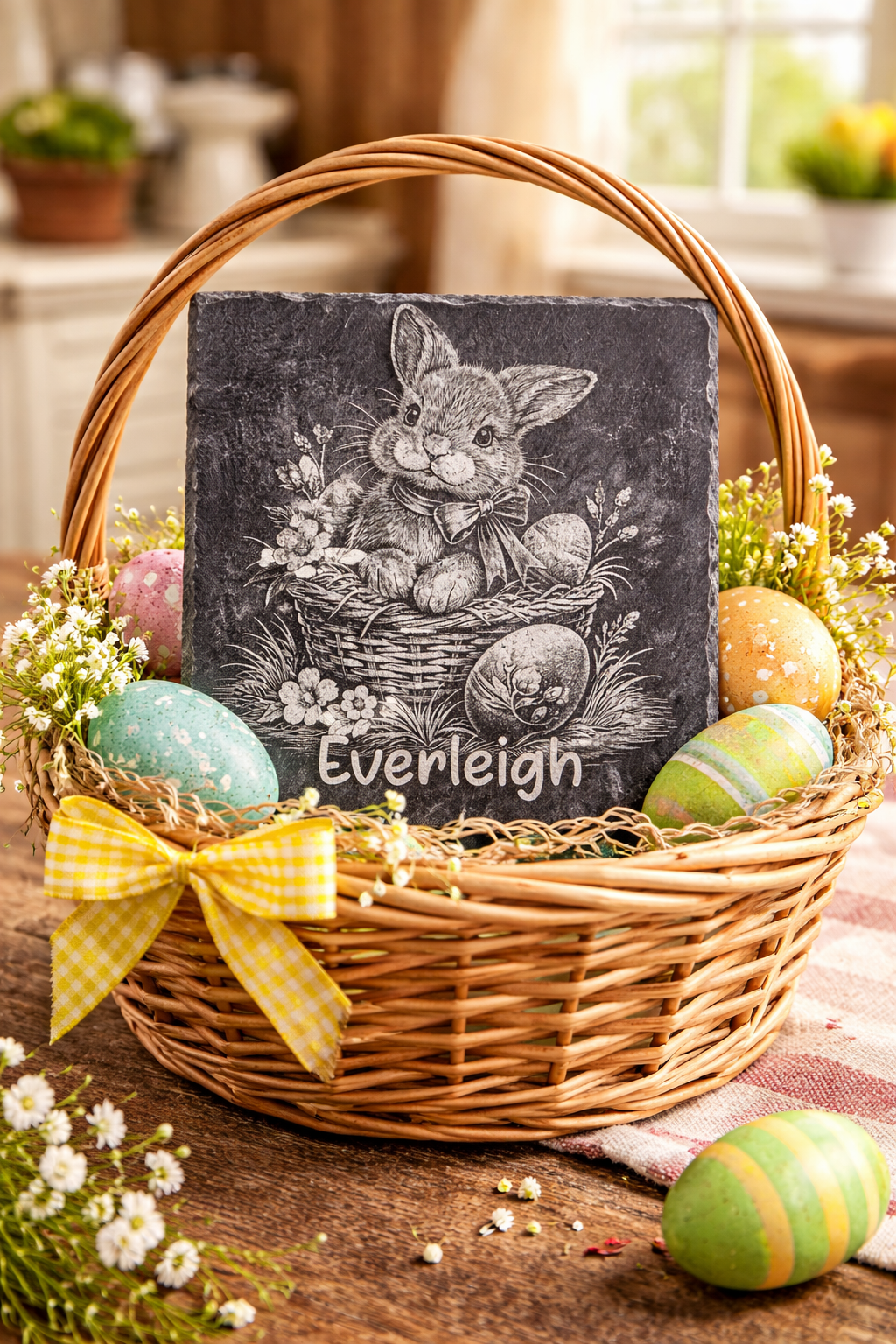 A wicker basket with Easter eggs, white flowers, and a chalkboard sign with a bunny illustration and the name 'Everleigh' on it, set on a wooden table in bright natural light.
