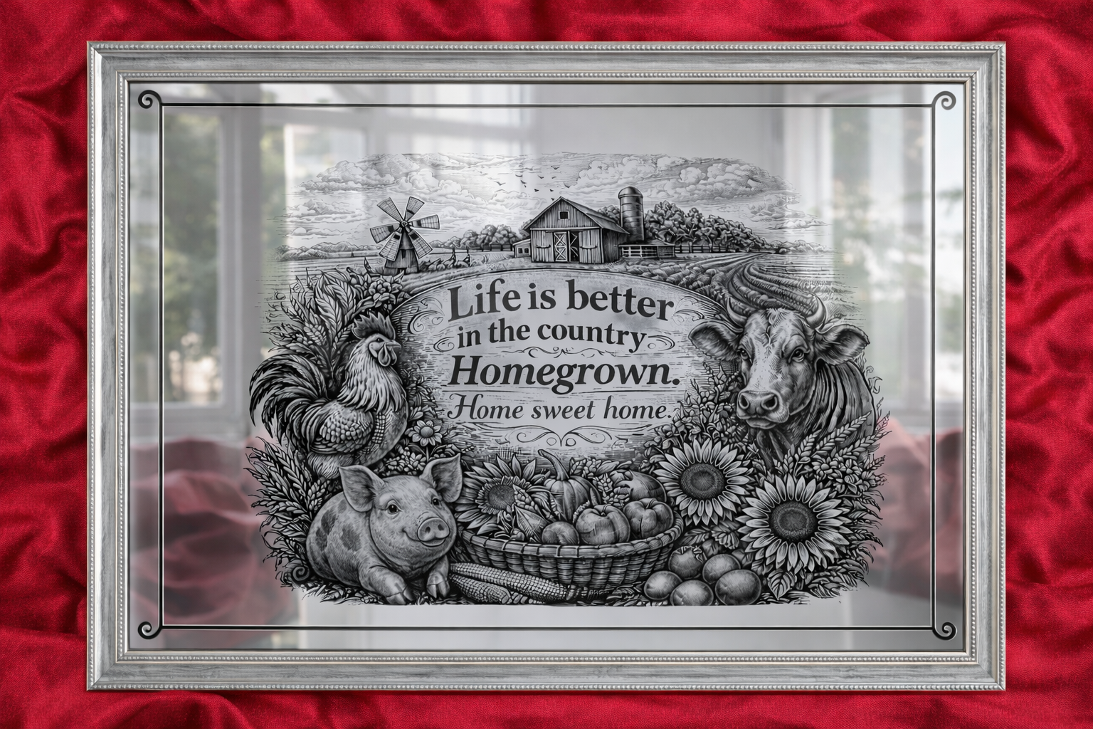 A framed black-and-white wall hanging with farm and countryside imagery, featuring a barn, windmill, pig, cow, chicken, flowers, sunflower, basket of apples, and the text 'Life is better in the country. Homegrown. Home sweet home.' on a red fabric ba