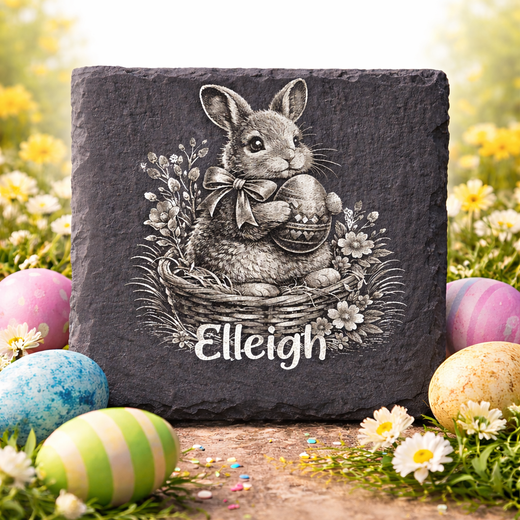A decorative black stone platter with a white illustration of a cute bunny holding a decorated Easter egg, surrounded by flowers and greenery. The name 'Elleigh' is written at the bottom. Colorful Easter eggs and small white flowers with yellow cente