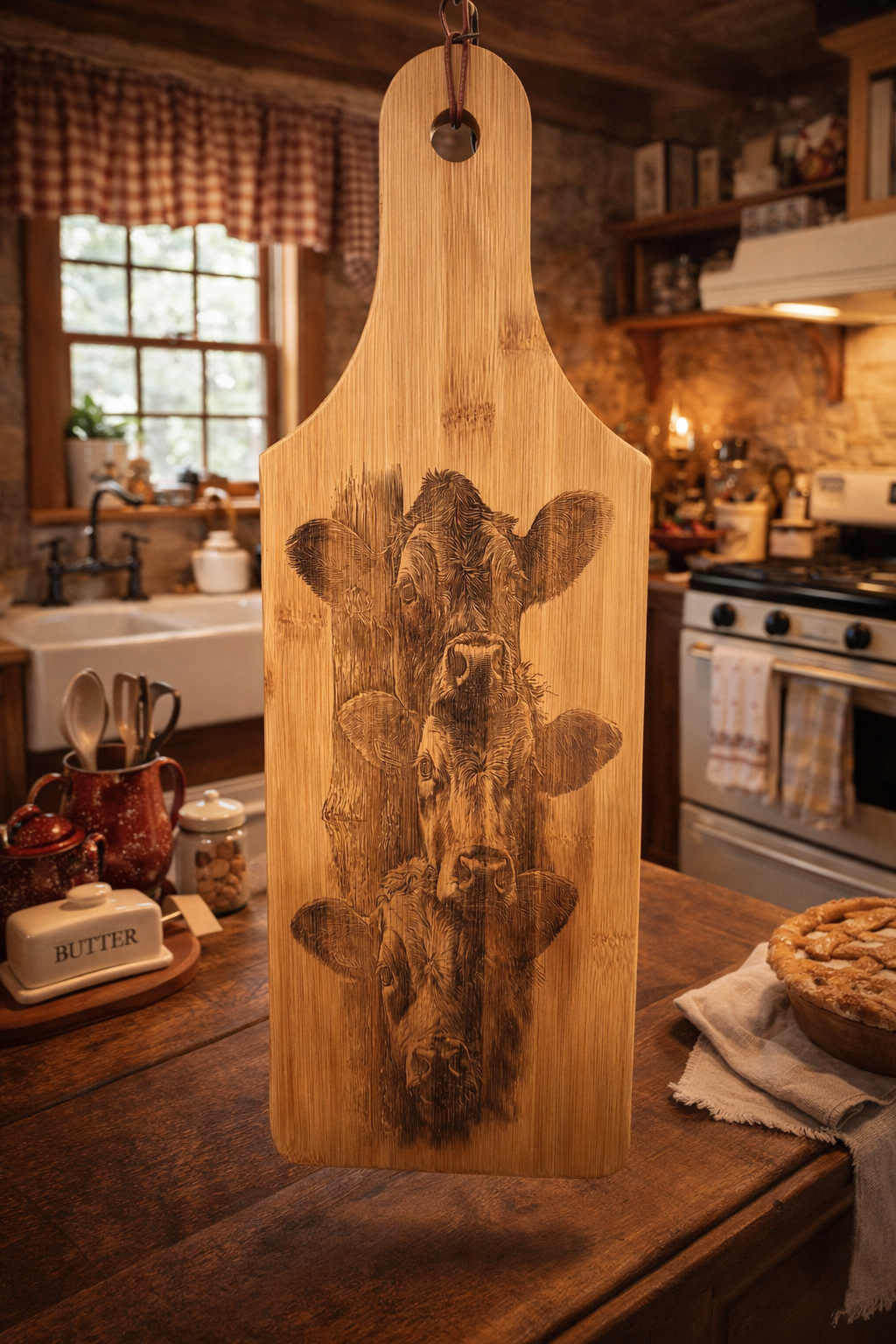 A wooden cutting board with cow faces engraved on it, hanging in a rustic kitchen with a window, stove, and kitchen utensils.